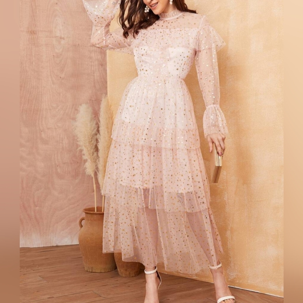 Women's Sheer Pink Dress with Gold Stars Size Small Coquette Fairycore Fairy